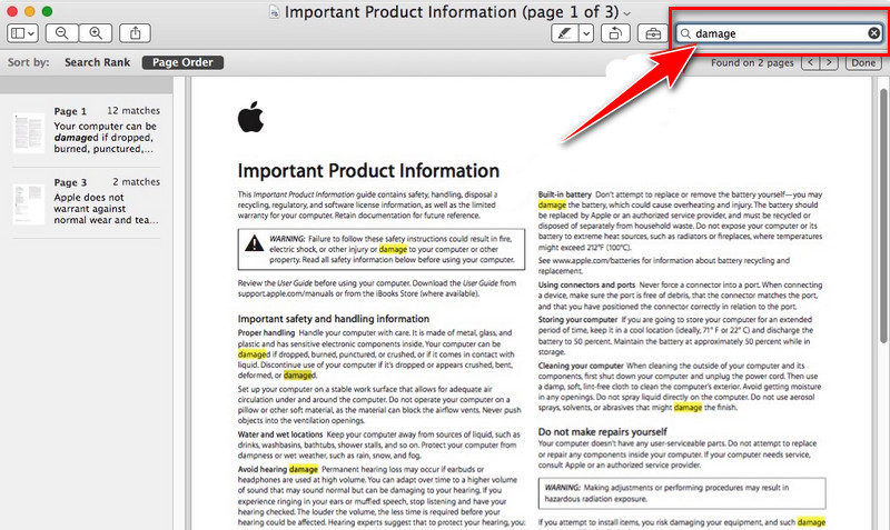 search words on pdf via preview app