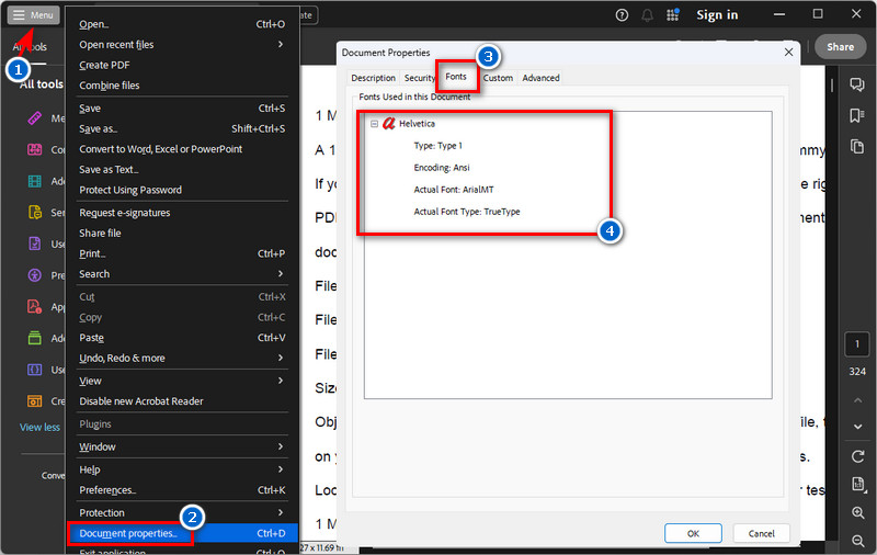 go to document properties to find the font