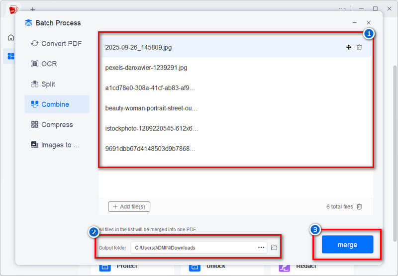 reorder the images, select output folder, and click merge