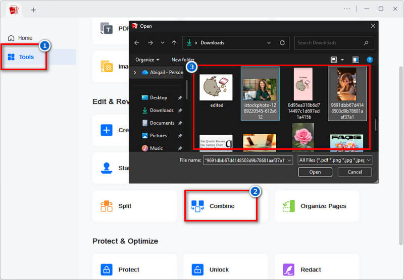 locate combine function and upload the images
