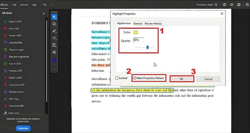 adobe acrobat make properties default